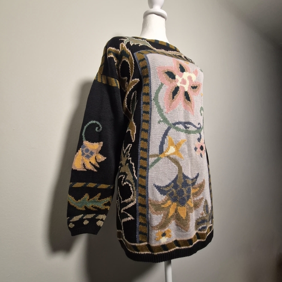 Peruvian Connection RARE Vintage 100% Pima Cotton Whimsical Floral Panel Sweater - Picture 3 of 6